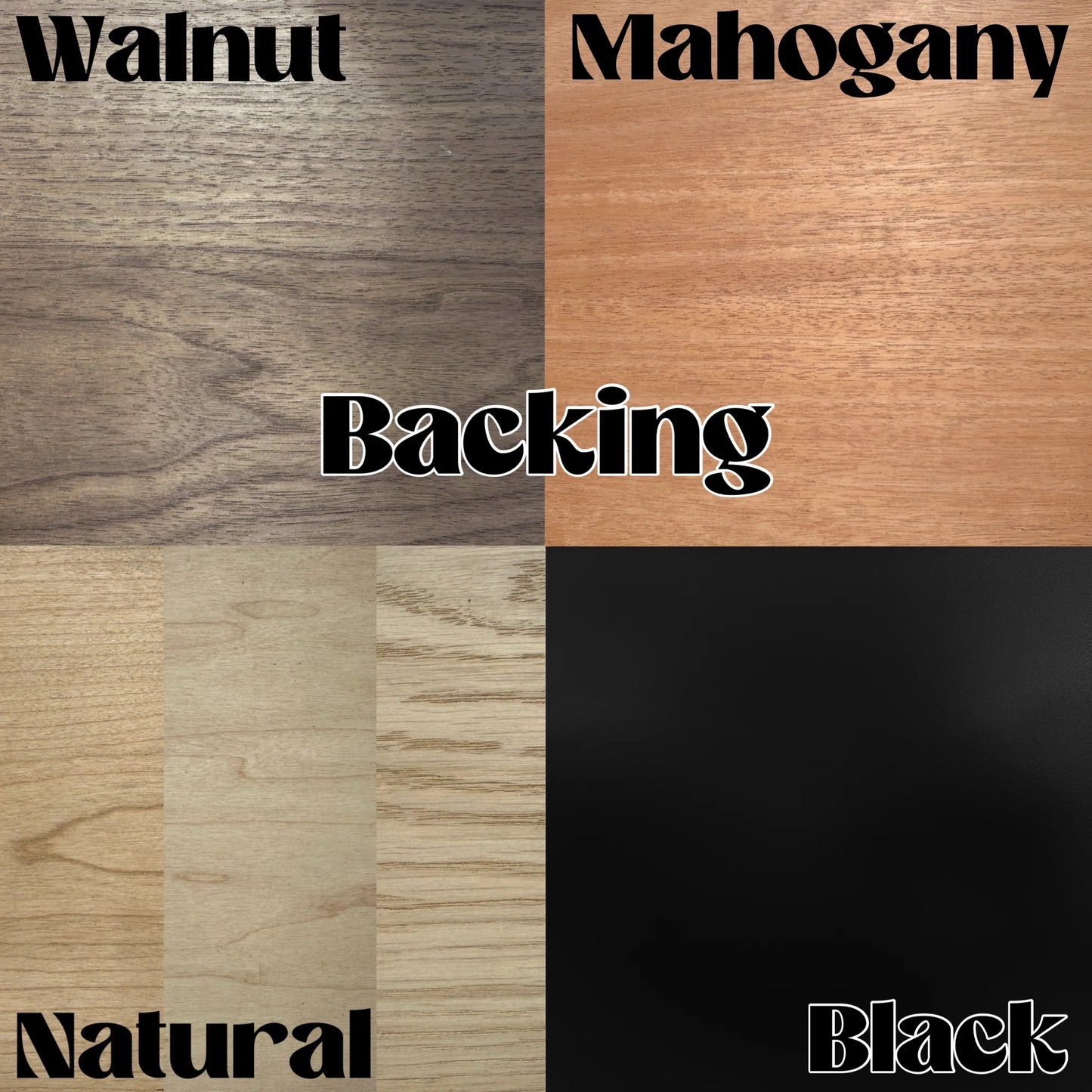 Wooden surface with different color options labeled as Walnut, Mahogany, Natural, and Black.