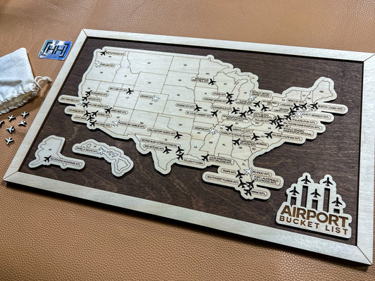 wooden airport travel map on dark wood stain backing
