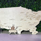 football and baseball themed travel map on wood, with greenery background
