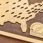 Wooden travel map on dark wood surface and shoe sticker tokens with "Running Bucket List" in the corner