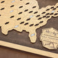 Wooden map of the United States with cut-out states and a 'Half Marathon Bucket List' badge.