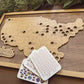 Wooden map of the United States with cut-out states and cards featuring baseball stadium logos.