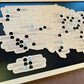 Map of the United States with labeled theme parks on a black background