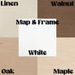 Wooden panel with different wood types labeled: Linen, Walnut, Map & Frame, White, Oak, Maple.
